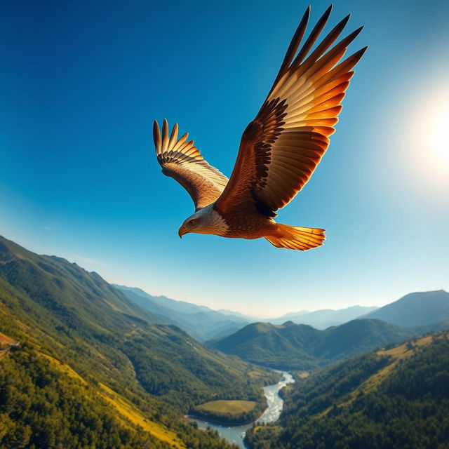 A majestic, vibrant eagle soaring high in a clear blue sky, its wings outstretched, showcasing a stunning feather pattern of browns and whites