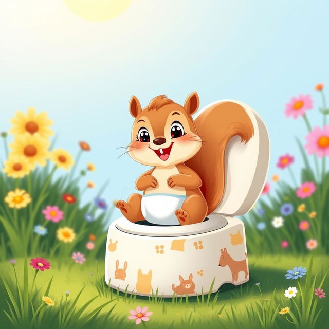 A charming illustration of a diapered baby squirrel depicted as a toddler, eagerly sitting on a large, friendly-looking potty meant for small animals as it embarks on its toilet training journey