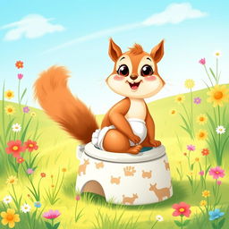 A charming illustration of a diapered baby squirrel depicted as a toddler, eagerly sitting on a large, friendly-looking potty meant for small animals as it embarks on its toilet training journey