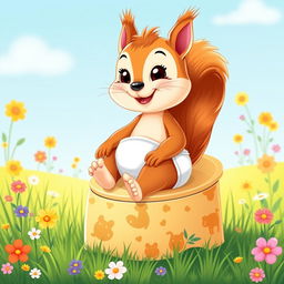 A charming illustration of a diapered baby squirrel depicted as a toddler, eagerly sitting on a large, friendly-looking potty meant for small animals as it embarks on its toilet training journey