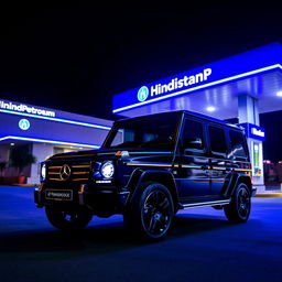 A sleek Mercedes G-Wagon parked in front of a modern Hindustan Petroleum station illuminated by vibrant blue lights