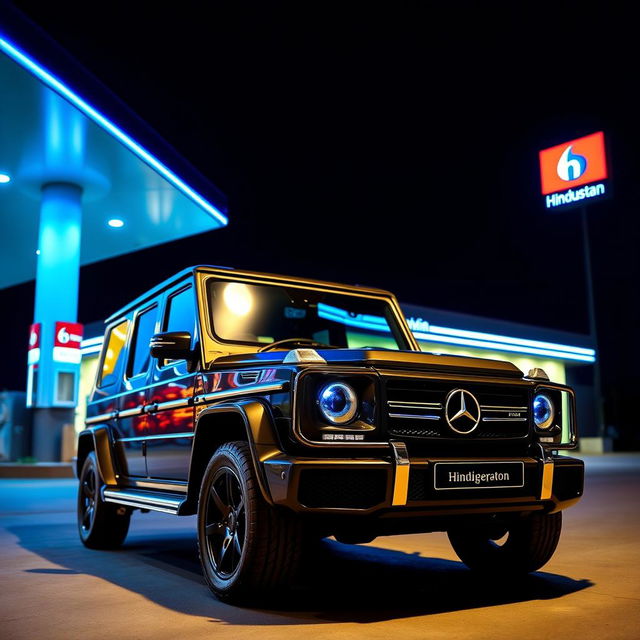 A sleek Mercedes G-Wagon parked in front of a modern Hindustan Petroleum station illuminated by vibrant blue lights