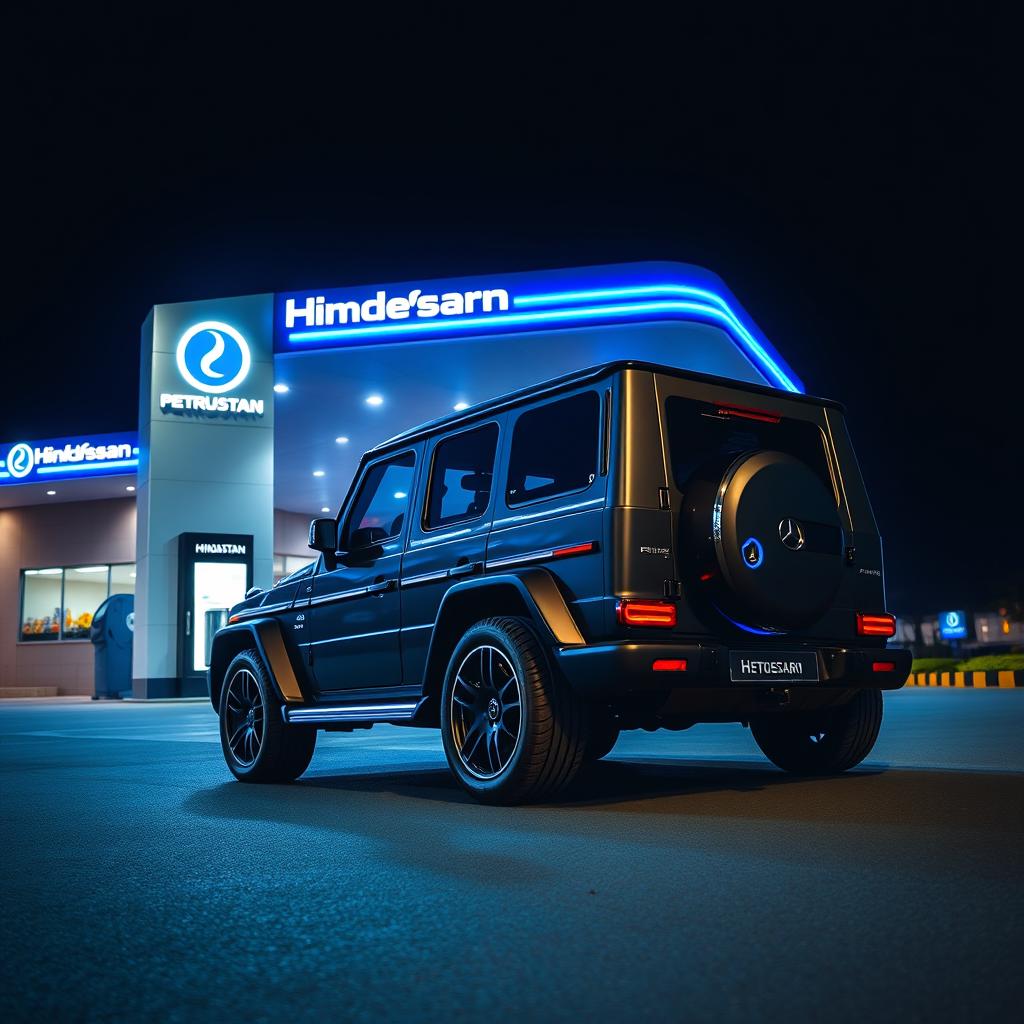 A sleek Mercedes G-Wagon parked in front of a modern Hindustan Petroleum station illuminated by vibrant blue lights