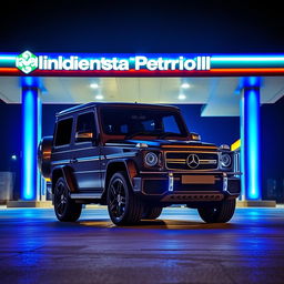 A sleek Mercedes G-Wagon parked in front of a modern Hindustan Petroleum station illuminated by vibrant blue lights