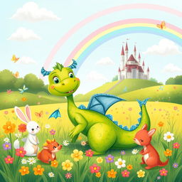 A whimsical illustration for a children's story featuring a friendly dragon sitting in a colorful meadow filled with flowers and butterflies