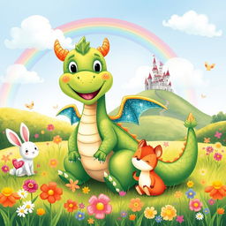 A whimsical illustration for a children's story featuring a friendly dragon sitting in a colorful meadow filled with flowers and butterflies