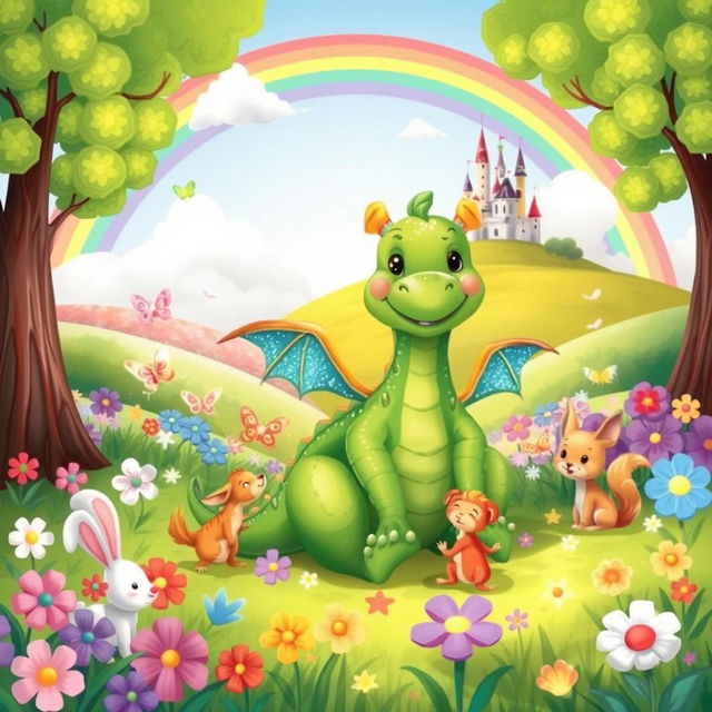 A whimsical illustration for a children's story featuring a friendly dragon sitting in a colorful meadow filled with flowers and butterflies