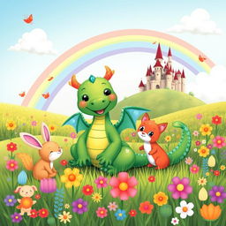 A whimsical illustration for a children's story featuring a friendly dragon sitting in a colorful meadow filled with flowers and butterflies