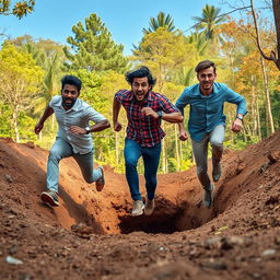 Three men in casual clothes, mid-run, skidding into a large, mysterious hole in the ground
