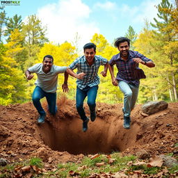 Three men in casual clothes, mid-run, skidding into a large, mysterious hole in the ground