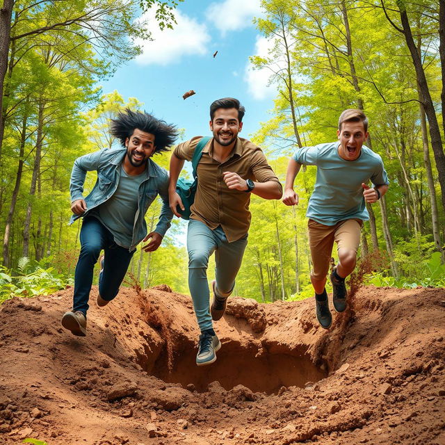 Three men in casual clothes, mid-run, skidding into a large, mysterious hole in the ground