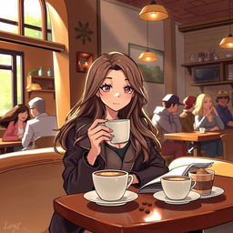 A beautiful girl sitting in a cozy coffee shop, surrounded by warm lighting and rustic decor