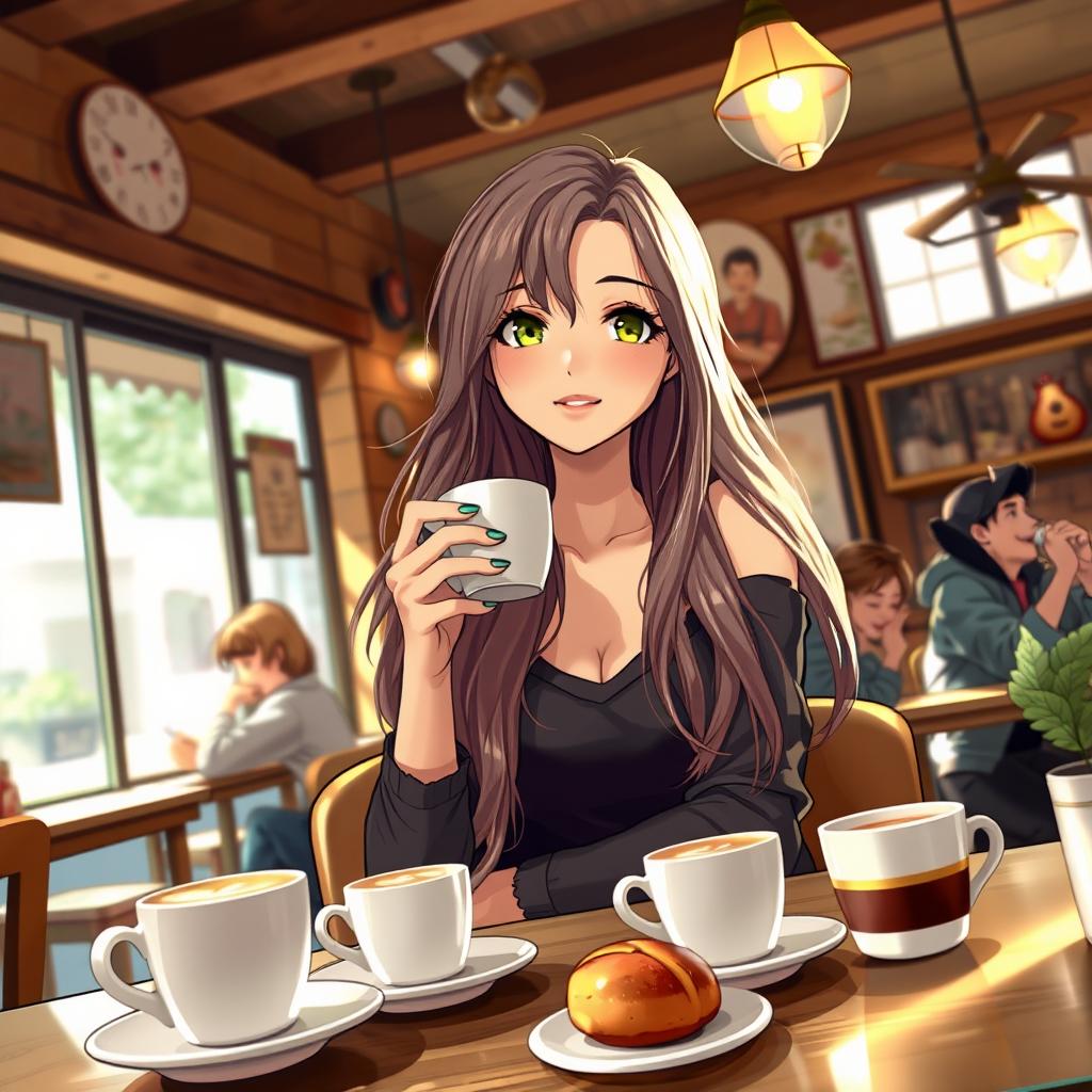 A beautiful girl sitting in a cozy coffee shop, surrounded by warm lighting and rustic decor