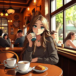 A beautiful girl sitting in a cozy coffee shop, surrounded by warm lighting and rustic decor