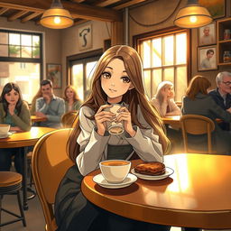 A beautiful girl sitting in a cozy coffee shop, surrounded by warm lighting and rustic decor