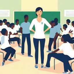 A simple, but poignant vector art image portraying a stressed female Physical Education teacher in a bustling classroom