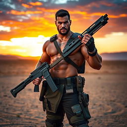 A muscular warrior standing confidently in a vast desert landscape during sunset, holding a sleek, modern gun in his right hand