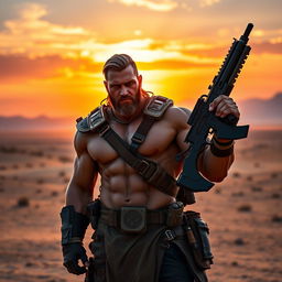 A muscular warrior standing confidently in a vast desert landscape during sunset, holding a sleek, modern gun in his right hand