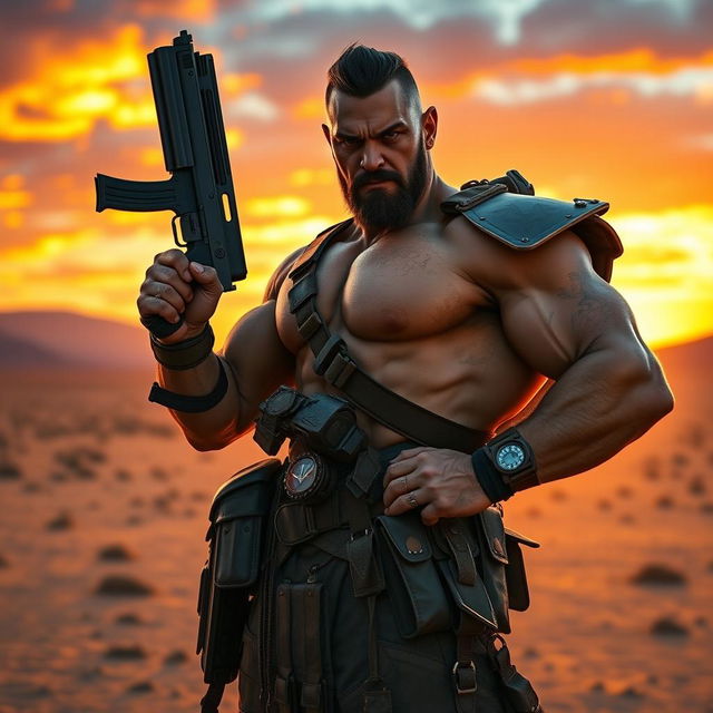 A muscular warrior standing confidently in a vast desert landscape during sunset, holding a sleek, modern gun in his right hand