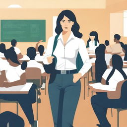 A simple, but poignant vector art image portraying a stressed female Physical Education teacher in a bustling classroom