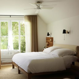 A well-decorated, inviting bedroom with natural lighting, comfortable bedding, and stylish furniture.