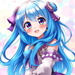 A vibrant digital art piece featuring a blue-haired anime girl, showcasing her striking azure locks flowing elegantly around her shoulders