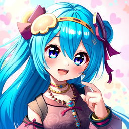 A vibrant digital art piece featuring a blue-haired anime girl, showcasing her striking azure locks flowing elegantly around her shoulders