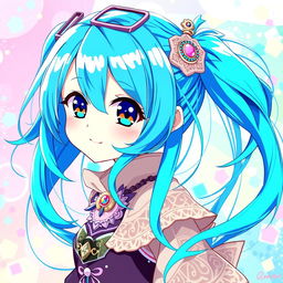 A vibrant digital art piece featuring a blue-haired anime girl, showcasing her striking azure locks flowing elegantly around her shoulders