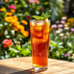 A beautiful image of a tall glass cup filled with refreshing iced tea, with ice cubes floating on top