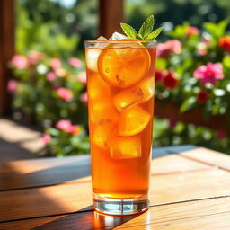 A beautiful image of a tall glass cup filled with refreshing iced tea, with ice cubes floating on top
