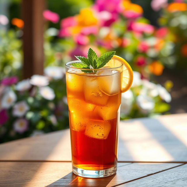 A beautiful image of a tall glass cup filled with refreshing iced tea, with ice cubes floating on top