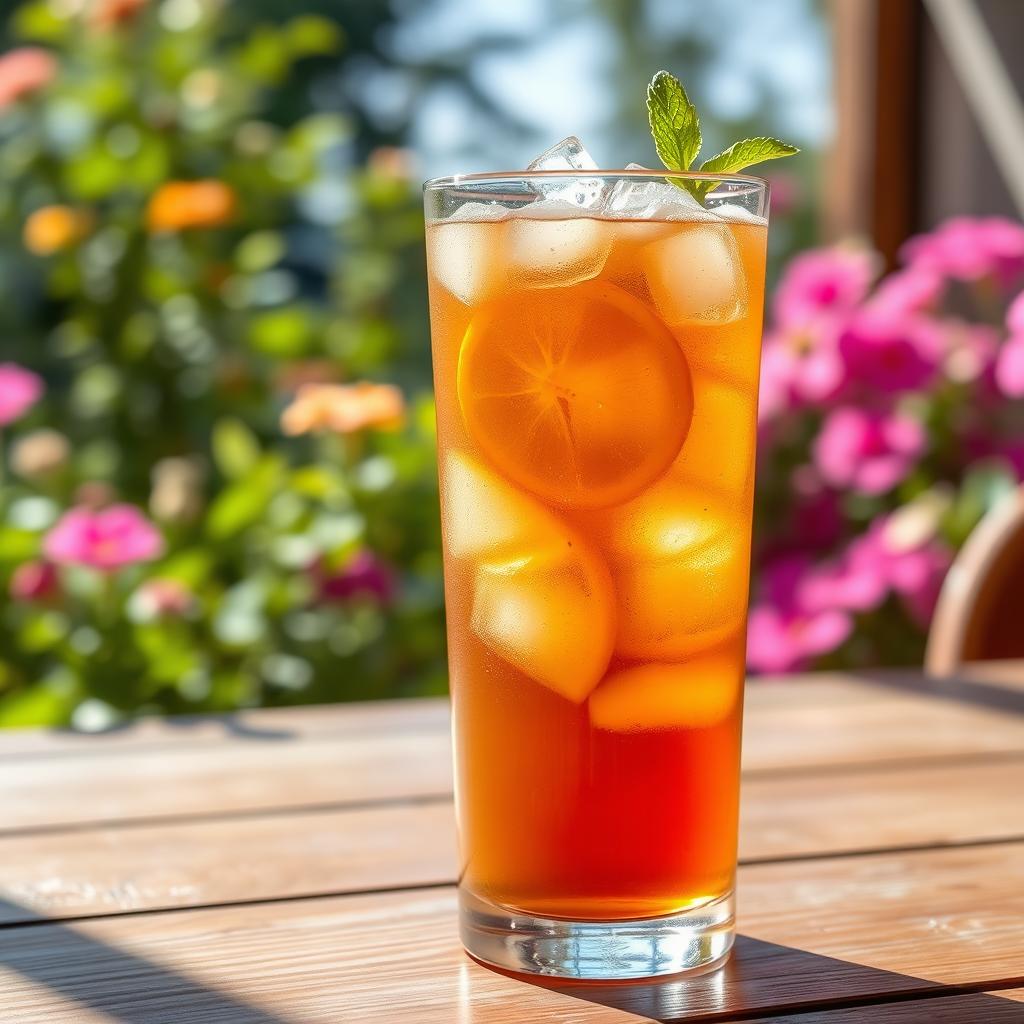 A beautiful image of a tall glass cup filled with refreshing iced tea, with ice cubes floating on top