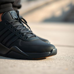 A close-up shot of a pair of stylish sport shoes in black color, showcasing their sleek design and modern aesthetics