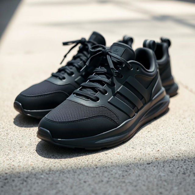 A close-up shot of a pair of stylish sport shoes in black color, showcasing their sleek design and modern aesthetics