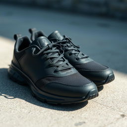 A close-up shot of a pair of stylish sport shoes in black color, showcasing their sleek design and modern aesthetics