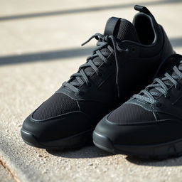 A close-up shot of a pair of stylish sport shoes in black color, showcasing their sleek design and modern aesthetics