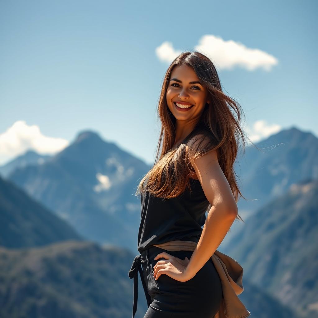 A stunning portrait of a confident woman with long flowing hair, standing strong in a fashionable outfit