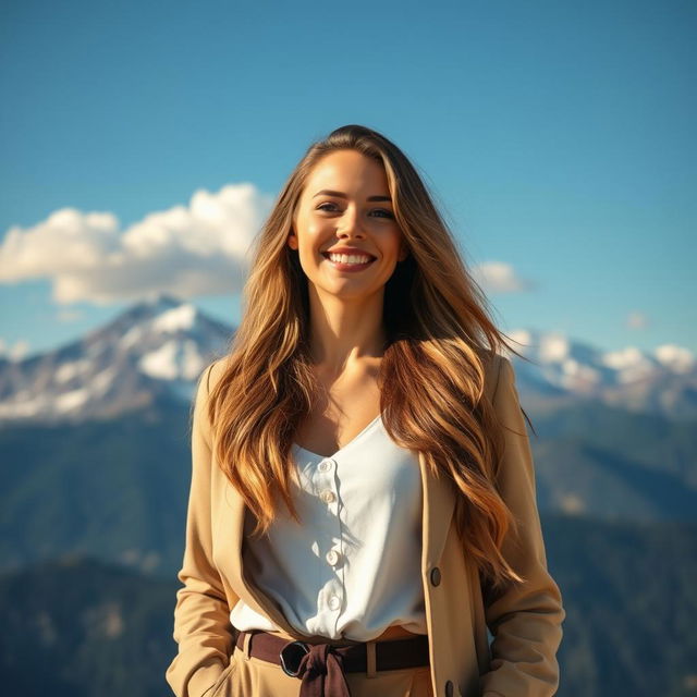 A stunning portrait of a confident woman with long flowing hair, standing strong in a fashionable outfit