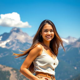 A stunning portrait of a confident woman with long flowing hair, standing strong in a fashionable outfit
