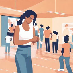 A straightforward yet compelling vector art image showcasing a stressed female Physical Education teacher in a gym setting