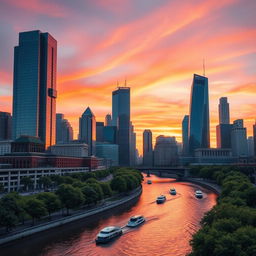 A stunning urban skyline at sunset, showcasing tall skyscrapers with glass facades reflecting vibrant orange, pink, and purple skies