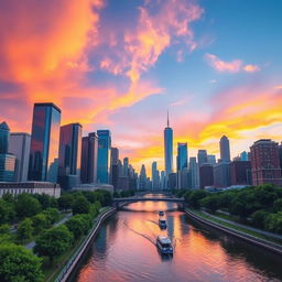 A stunning urban skyline at sunset, showcasing tall skyscrapers with glass facades reflecting vibrant orange, pink, and purple skies