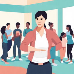 A straightforward yet compelling vector art image showcasing a stressed female Physical Education teacher in a gym setting