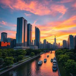 A stunning urban skyline at sunset, showcasing tall skyscrapers with glass facades reflecting vibrant orange, pink, and purple skies