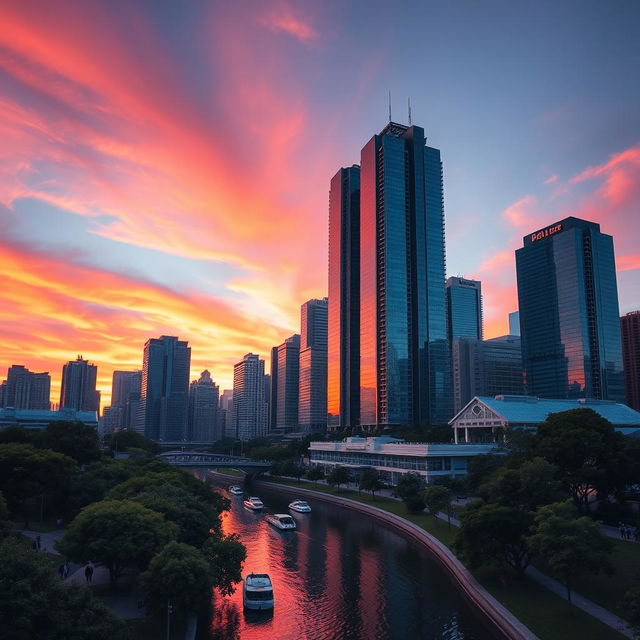 A stunning urban skyline at sunset, showcasing tall skyscrapers with glass facades reflecting vibrant orange, pink, and purple skies