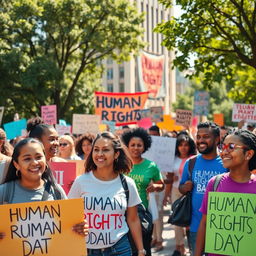 A realistic scene celebrating International Human Rights Day, featuring a diverse group of people from various ethnic backgrounds gathering in a public space