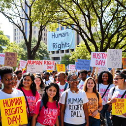 A realistic scene celebrating International Human Rights Day, featuring a diverse group of people from various ethnic backgrounds gathering in a public space