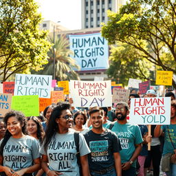 A realistic scene celebrating International Human Rights Day, featuring a diverse group of people from various ethnic backgrounds gathering in a public space