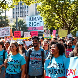 A realistic scene celebrating International Human Rights Day, featuring a diverse group of people from various ethnic backgrounds gathering in a public space