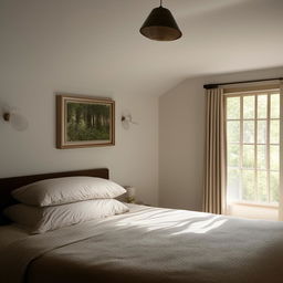 A well-decorated, inviting bedroom with natural lighting, comfortable bedding, and stylish furniture.